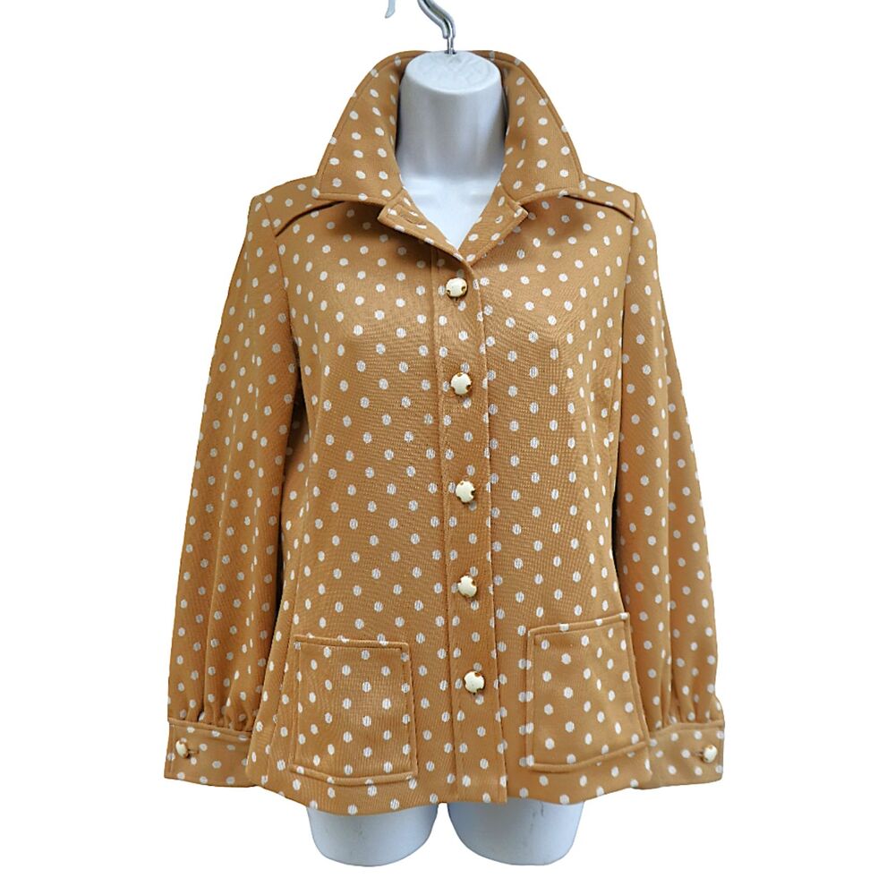 Vintage 60s Kimberly Knitwear Tan Shirt Double Knit White Polka Dot Pockets